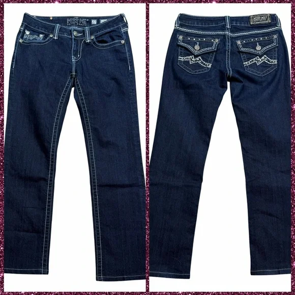 Miss Me Dark Wash Low Rise Studded Embroidered Easy Straight Jeans - Size 27 - Picture 1 of 14